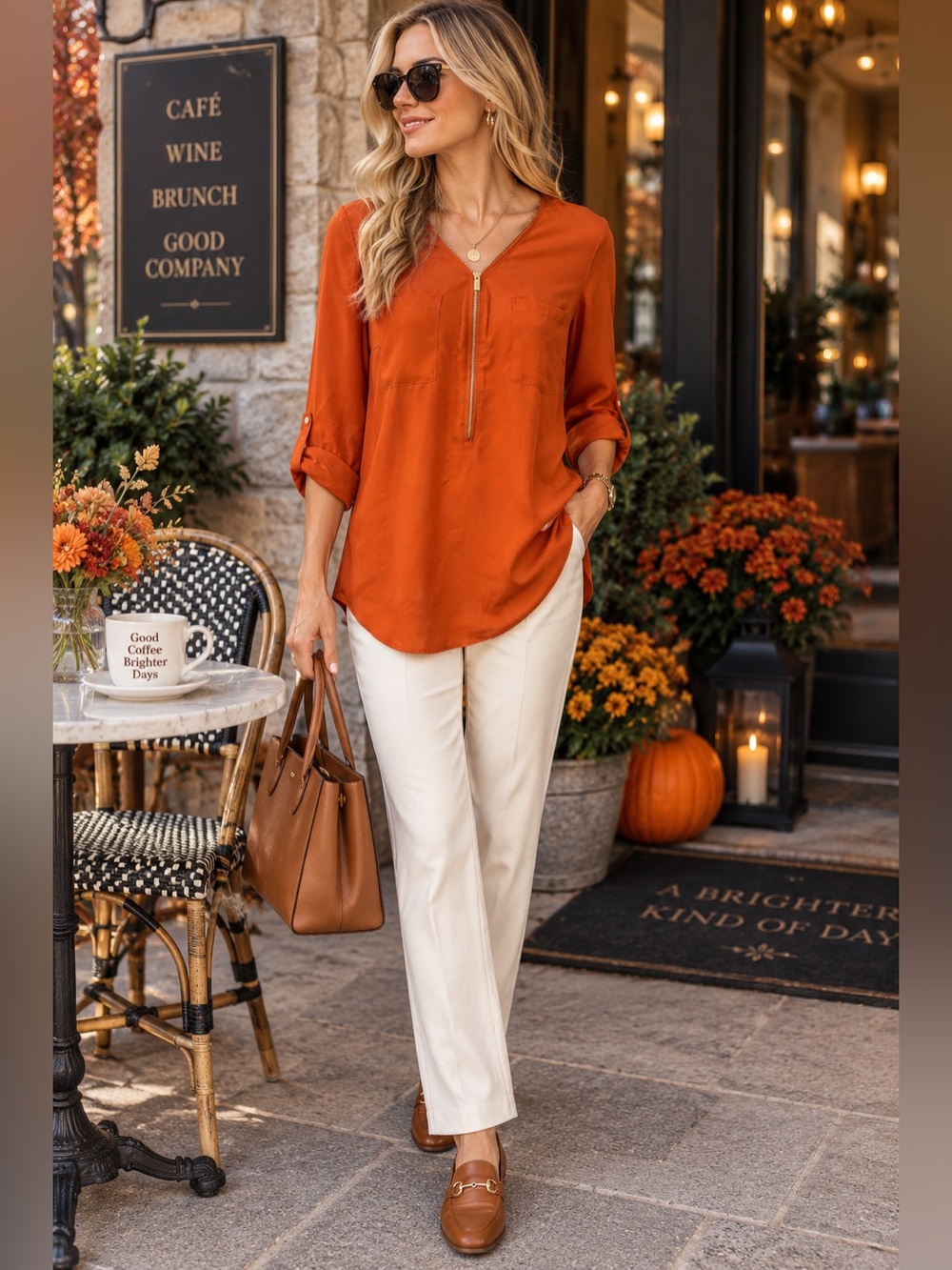 Zac & Rachel Small Burnt Orange Zip Front Tunic Blouse Roll Tab